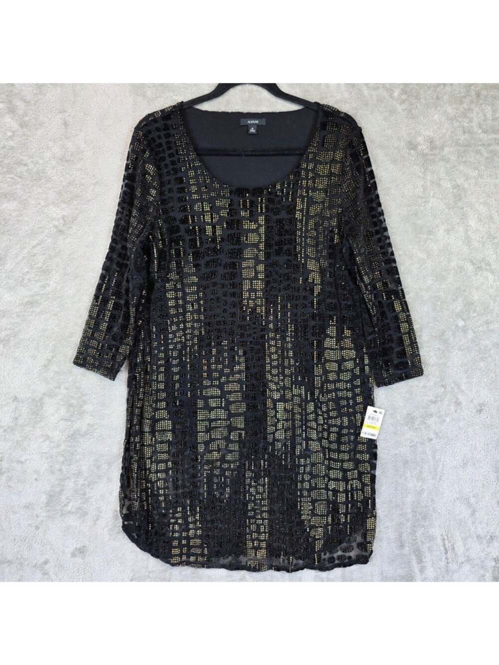 Alfani Dress Womens M Black Geometric Scoop Neck 3/4 Sleeve Shift Sparkle Party